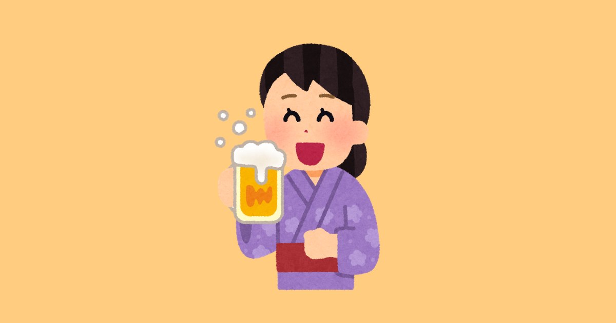 浴衣でビールを飲む人のイラスト（女性）