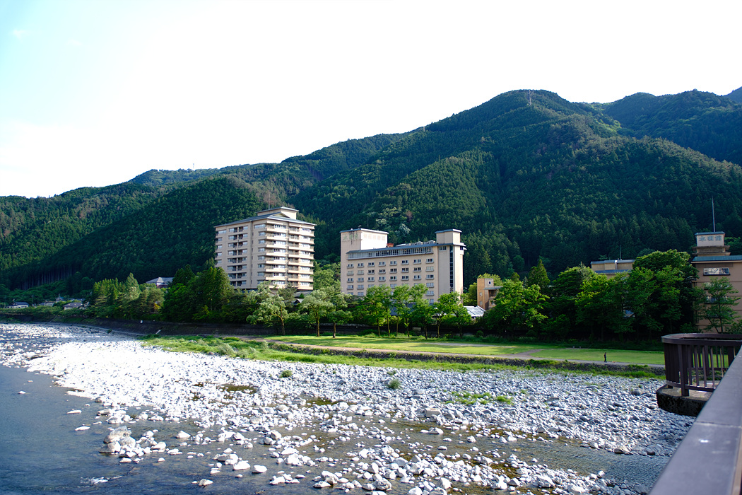 温泉街から見た水明館の建物