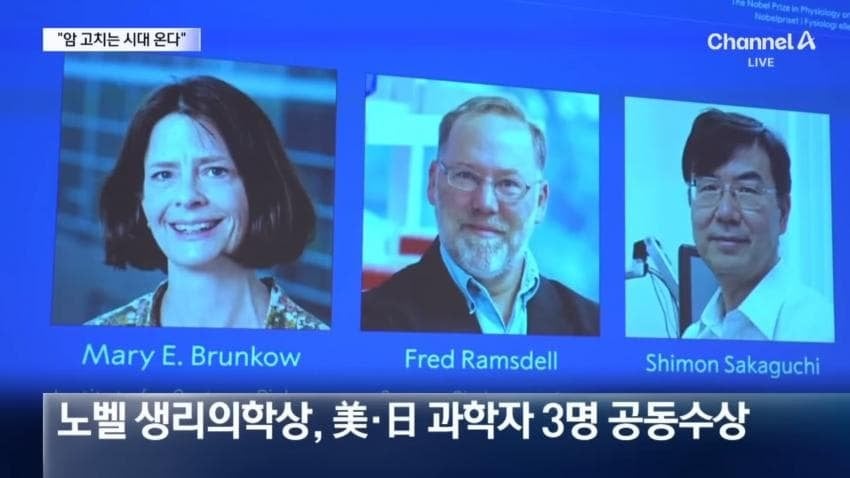 2025年ノーベル生理学・医学賞の共同受賞者3人を伝える韓国の報道画面