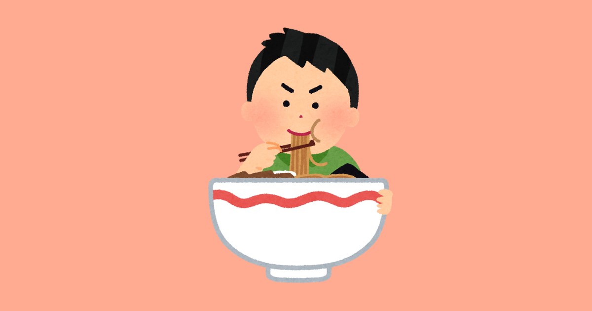 ラーメンの大食いをしている人のイラスト