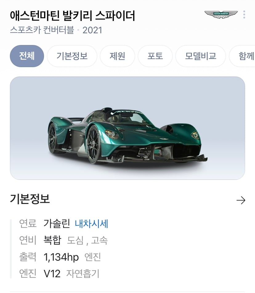 アストンマーティン・ヴァルキリー スパイダーの車両情報画面