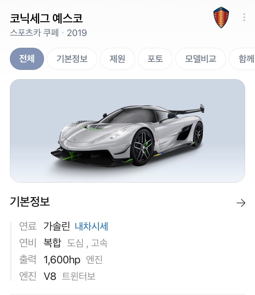 ケーニグセグ・イェスコの車両情報画面