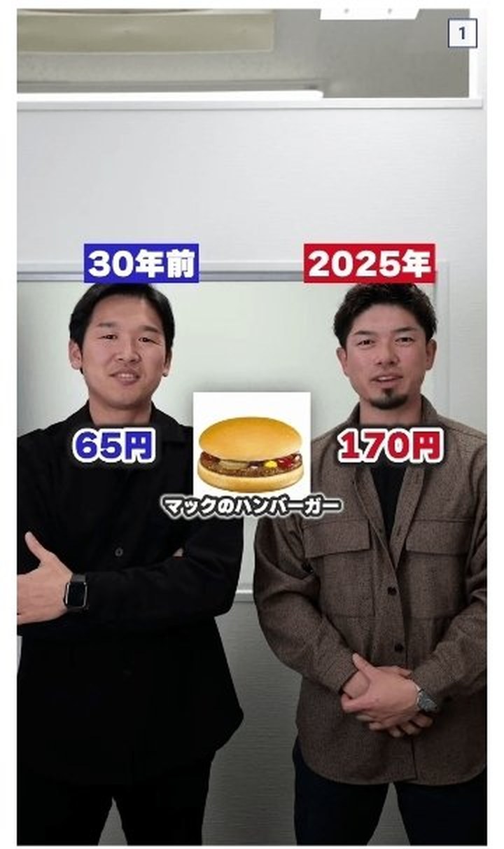 マクドナルドのハンバーガー 1995年65円と2025年170円の比較