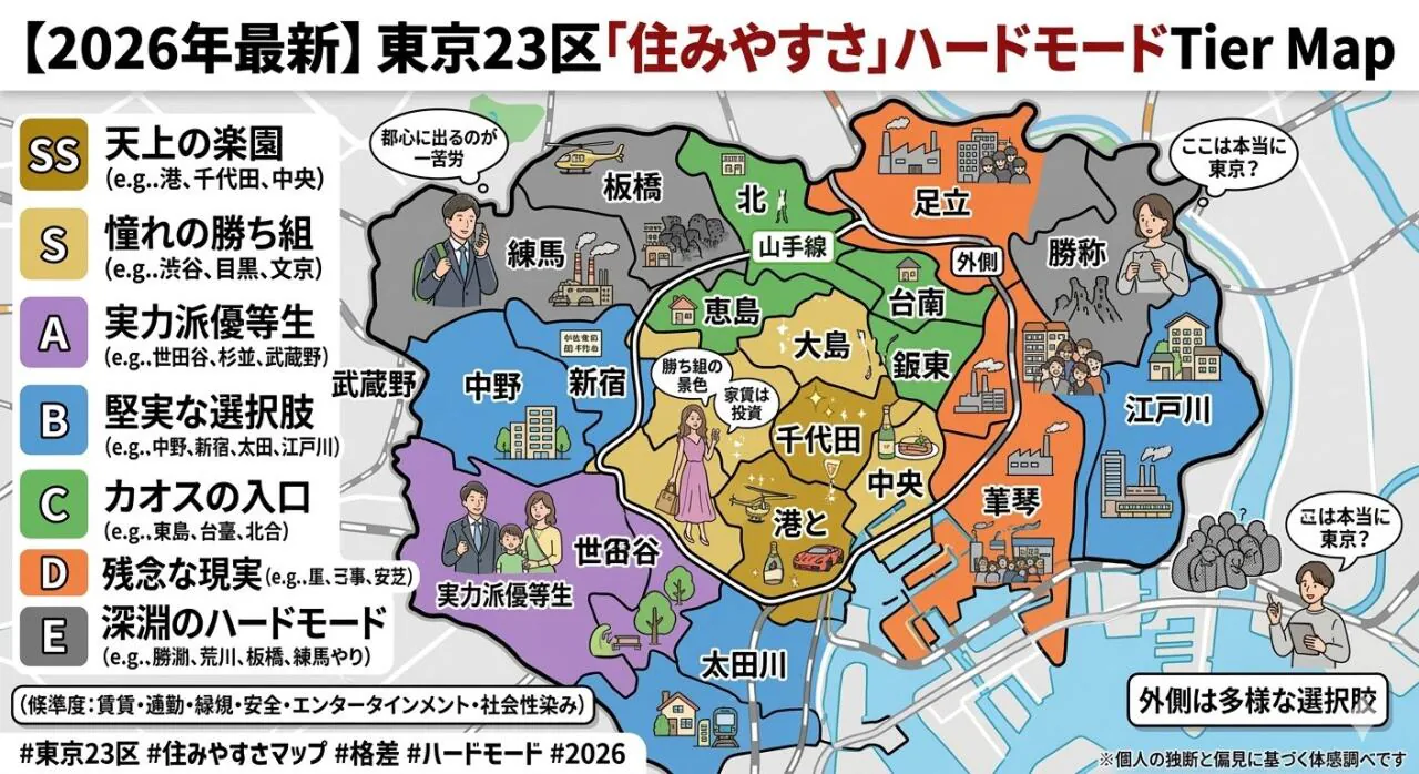 東京23区の住みやすさをSSからEまで7段階に色分けしたティアマップ