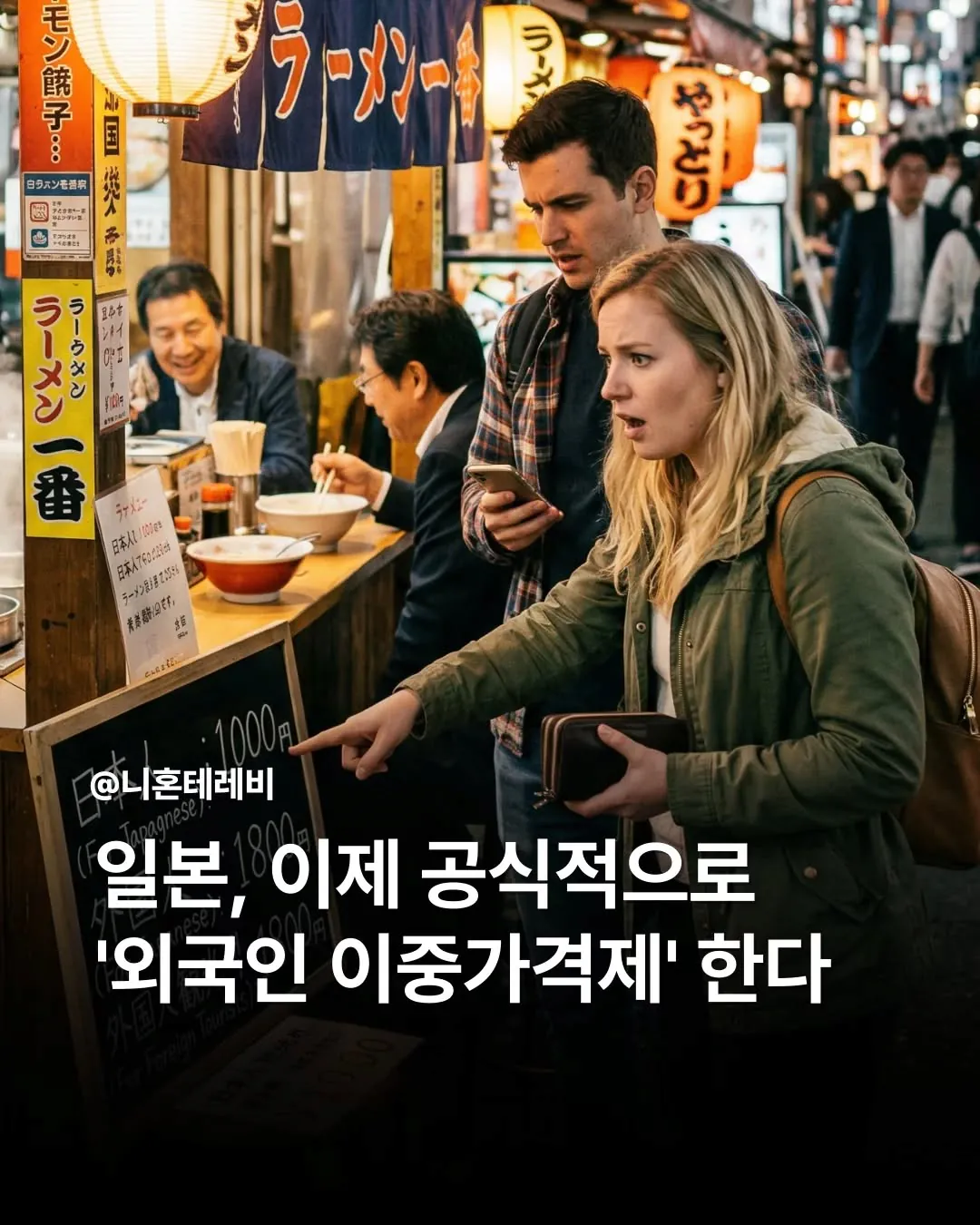 日本語と外国語で料金が違う看板を見て驚く外国人観光客のイラスト