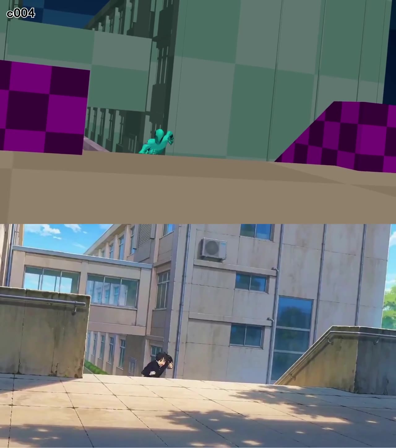 上が3Dの素材、下がAIで2Dに変換した映像