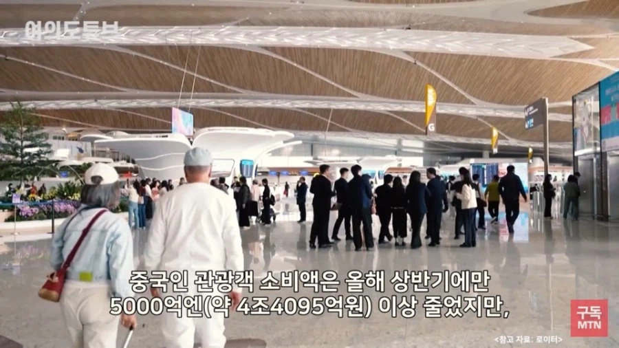 中国人観光客の消費額が上半期だけで5000億円以上減ったと伝えるニュース映像