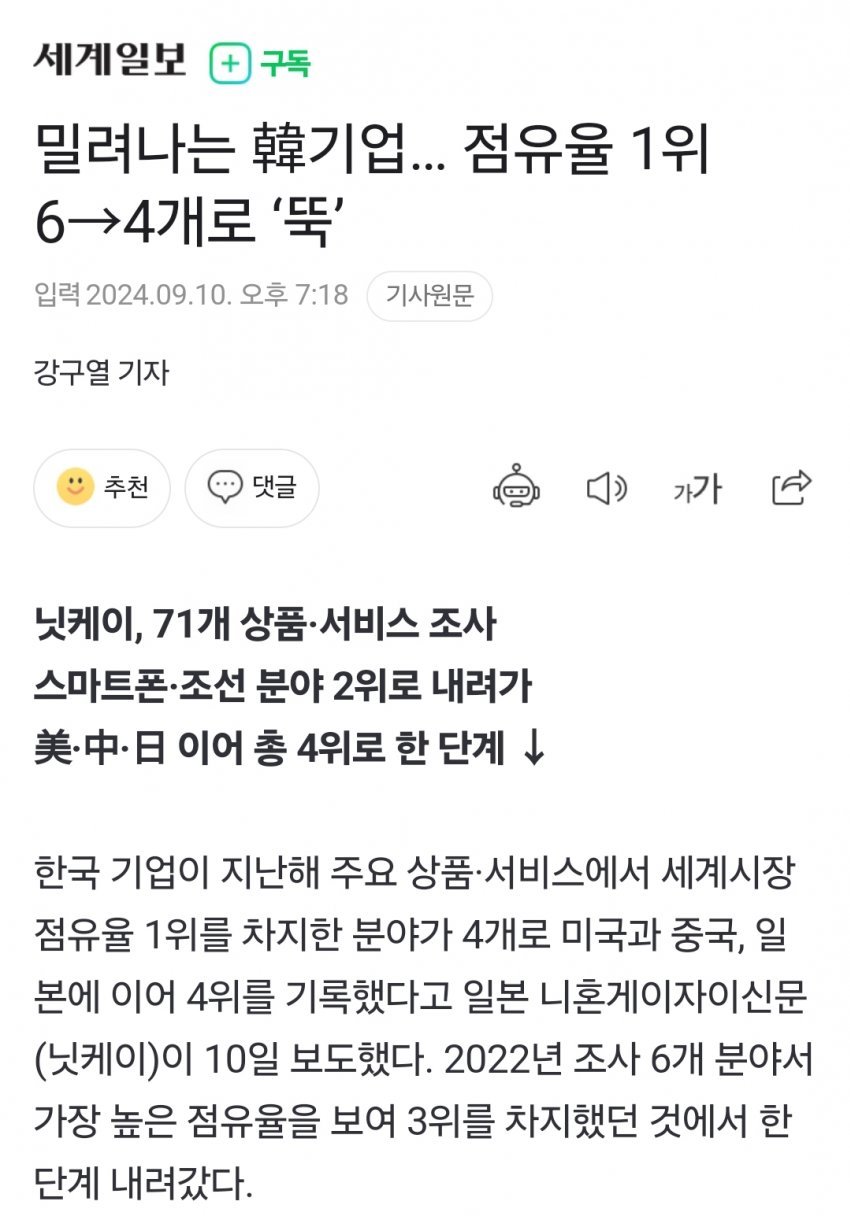 世界シェア1位の品目数を国別に伝える韓国紙の記事キャプチャ