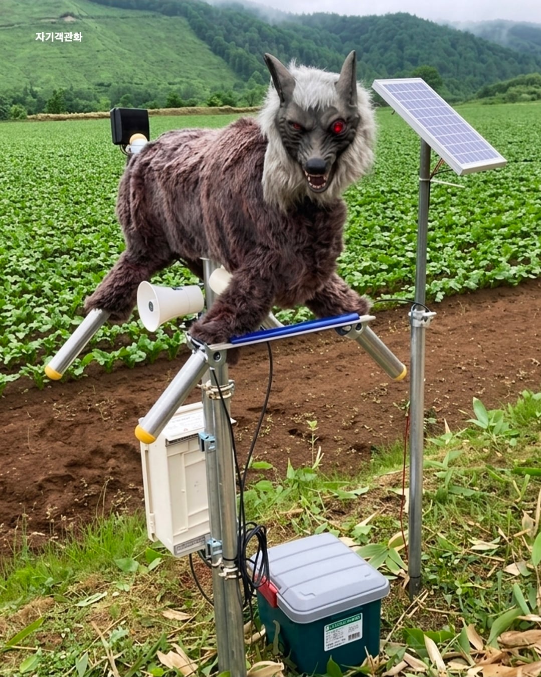 畑に設置されたクマ撃退用ロボット狼「モンスターウルフ」