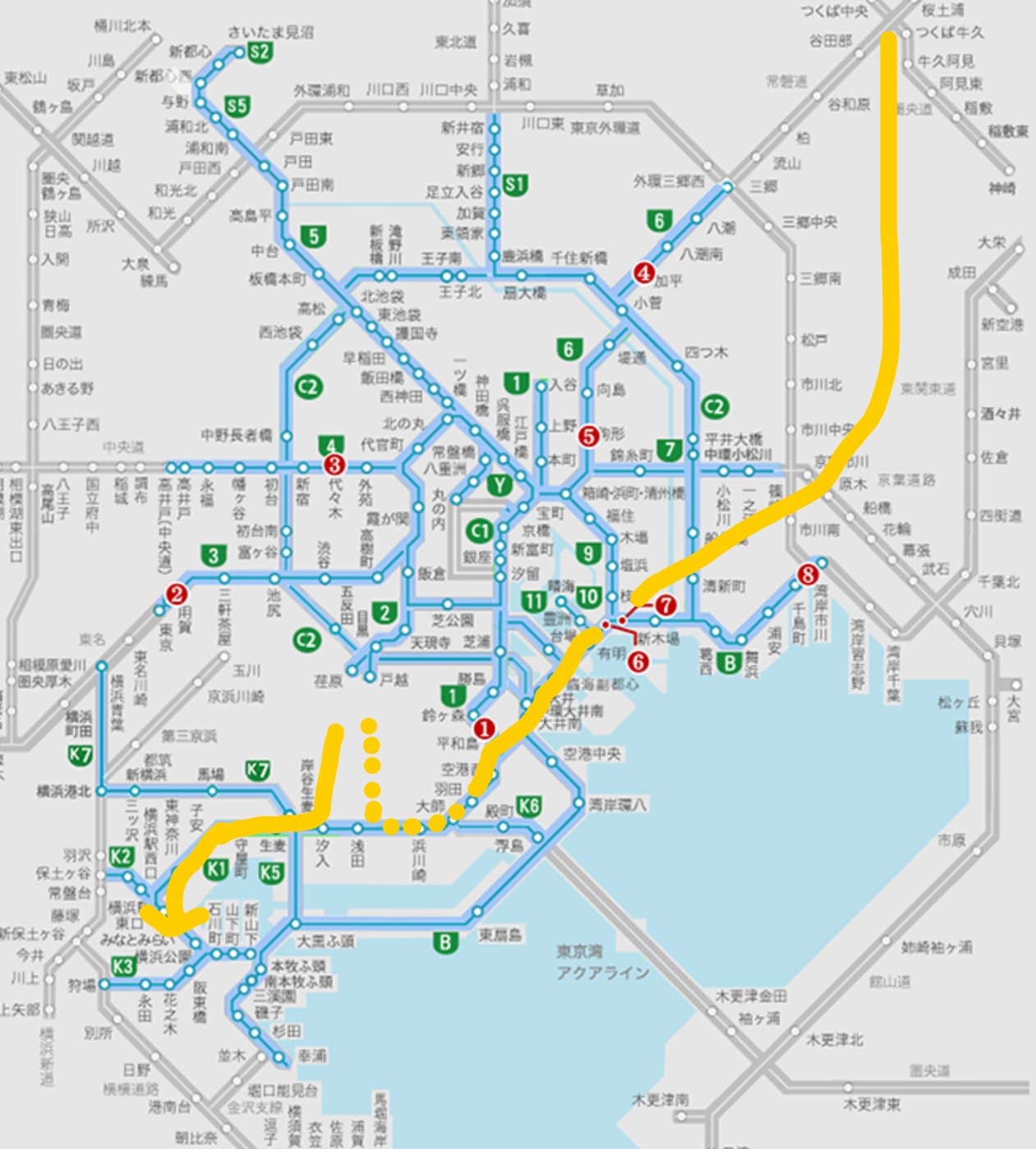 高速道路のサービスエリアの位置を示した地図