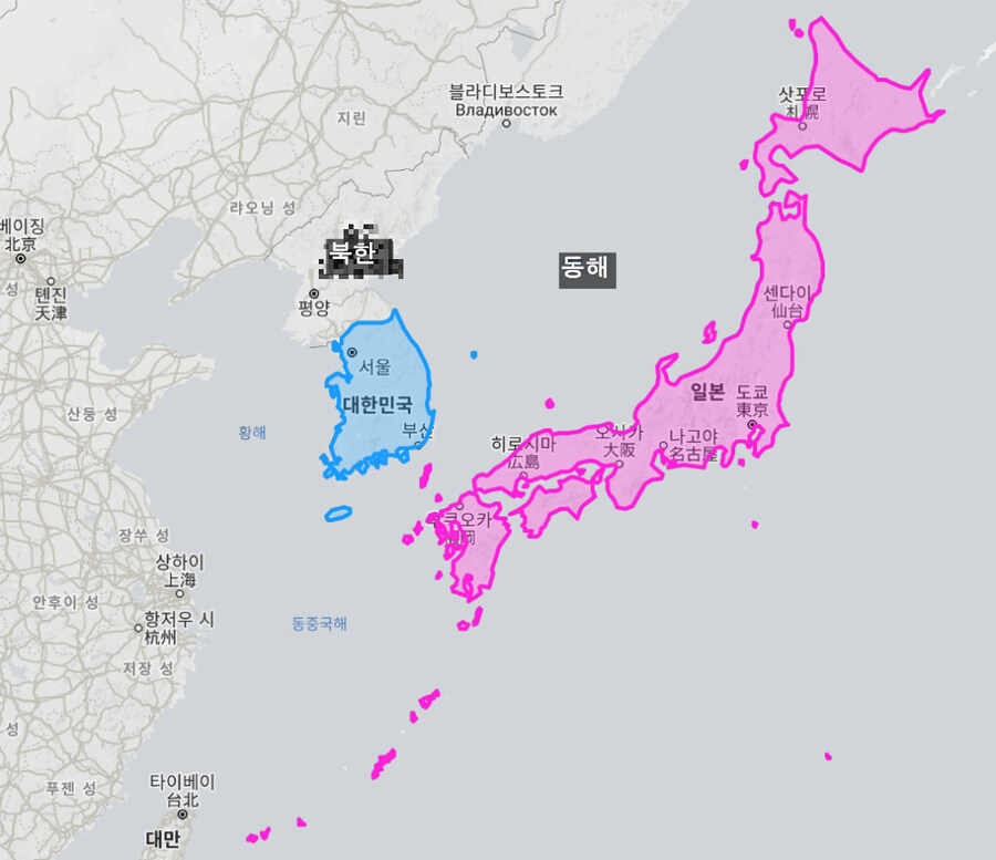 日本と韓国の国土を同じ縮尺で重ねた地図
