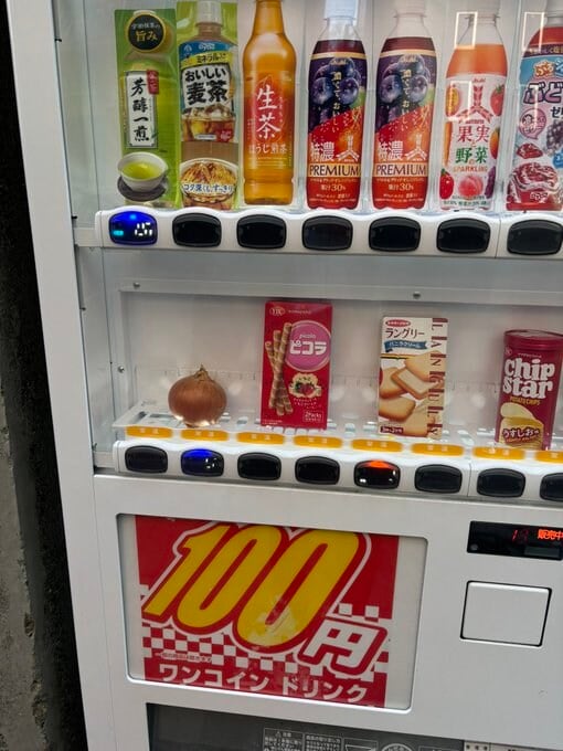 日本の100円自動販売機のスナック棚に生のタマネギが1個だけ並んでいる様子