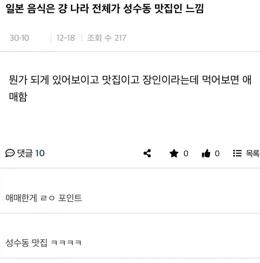 日本の飲食店の味について書かれた韓国語の投稿 1